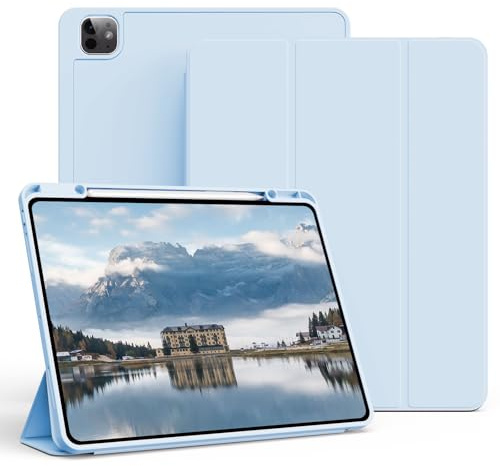 KVTVOU for iPad Pro 13 Inch 2025 M5/2024 M4 Case with Pencil Holder, Soft TPU Shockproof Tri-Fold Stand Cover, Support Pencil Charging and Auto Wake/Sleep Case for iPad Pro 13, Sky Blue