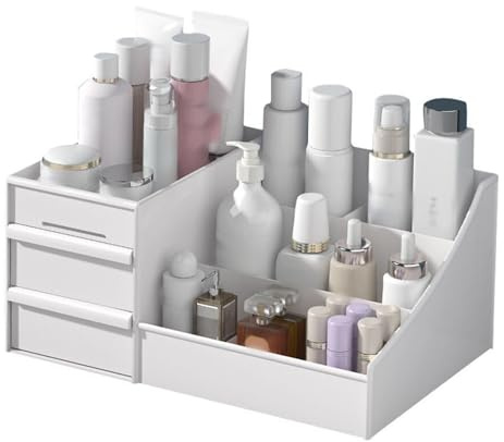 Caja de almacenamiento de maquillaje de mesa, caja de almacenamiento de cosméticos de varios niveles con cajón para dormitorio, oficina en casa