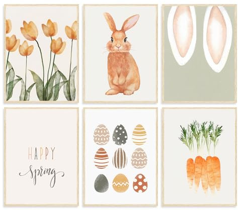 Dazzlewall 6Pcs Frühling Ostern Wandbilder Kaninchen Teufel Ei Tulpe Blumen Bilder für Kleinkind Kinderzimmer Deko 20×25 cm Ungerahmt