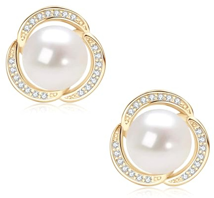 Pearl Stud Earrings for Women 14K Gold Plated Freshwater Cultured White Pearl with Cubic Zirconia Anniversary Birthday Mother Day Jewelry Gifts for Her (Gold)