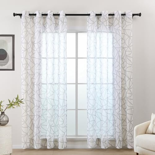 L.Z.E Vorhänge Grau Weiß, Gardinen für Wohnzimmer, Vorhang Grau Weiss für Schlafzimmer, 145 cm Fallhöhe, mit Ösen, Transparent, Geometrisches Muster, 2er Set Gardinenschal Ösenschal (LZE2238E-GR145)