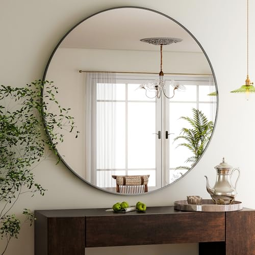 HARRITPURE 120cm runder Wandspiegel, aus gehärtetem Glas, geeignet für Wohnzimmer, Schlafzimmer, Badezimmer, Schwarz