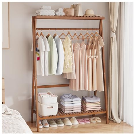 Generisch Freistehende Bodengarderobe mit Spiegel, hölzerne Bodengarderobe mit einfachen vertikalen Kleiderstangen und Unterwäscheständern, Braun, 100 cm