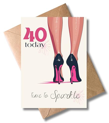 WBdesignz Geburtstagskarte 40 mit Umschlag – Glamouröse Karte „40 today – Time to Sparkle“ High Heels Stilvoll Glitzer Geschenkidee für Frauen (DIN A6)