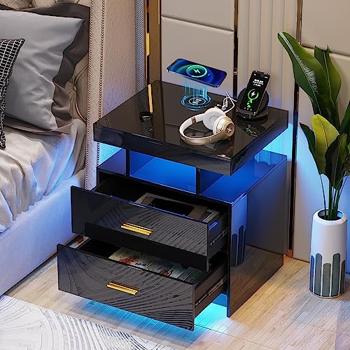 Gurexl Smart Nachttisch,Beistelltisch mit Ladefunktion und LED,schubladenschrank mit 24-farbigen RGB-Lichtern,kommode mit Glasplatte,Nachtkommode mit 1 offene Fächer, für Schlafzimmer，Schwarz
