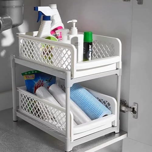 2-Tier Under Sink Organizer with Sliding Drawer – Adjustable Cabinet Shelf Rack for Bathroom & Kitchen | Space-Saving Pull-Out Basket Storage