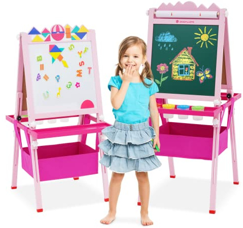 EULEUY Pizarra Infantil Caballete, Altura Ajustable, Pizarra Blanca y Pizarra de Tiza de Doble Cara con Rollo de Papel, Juego de Arte de Madera de Pie para Niños, Regalo para Niños y Niñas (Rosa)