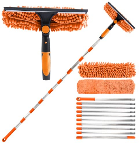 4.5M Window Squeegee Cleaning Equipment, 2 in 1 Telescopic Window Cleaner | Professional Window Cleaning Equipment with Extendable Pole & 29cm Window Squeegee Microfiber Pad for Indoor Outdoor (Orange)