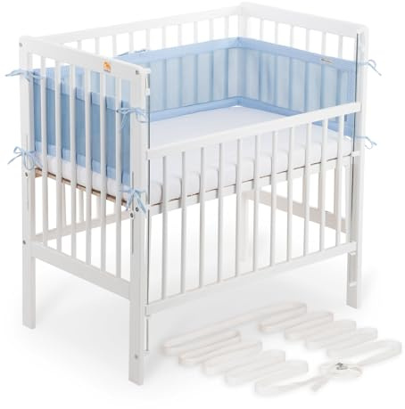 FabiMax Boxspring Baby Beistellbett Flex 90x55, TÜV geprüft, aus Buchenholz weiß lackiert, mit innovativem verstellbarem Seitengitter, passend für Boxspringbetten (Matratze Classic, Blau)