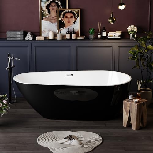 59 Deep Soaking Bathtub, Non-Slip Acrylic Tub with Chrome Drain, cUPC Certified, Ergonomic Modern Bath for Bathrooms, Easy-Install, Black Pearl