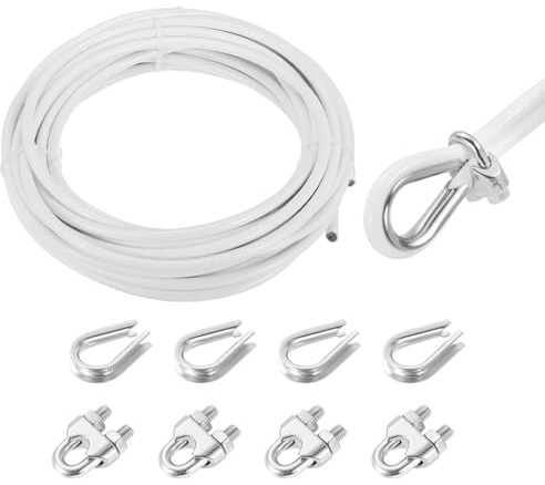 QUARKZMAN 10 meter x 8 mm vajer rostfritt stål, stålvajer spänntråd med 4 x vajerklämmor och 4 x fingerborgar, 304 gardinrep tvättlina för klätterväxter, vit