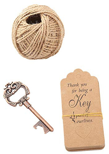 Abrebotellas con llaves de bronce vintage, abridor de botellas con llaves para decoración de bodas con tarjeta de etiquetas de acompañante y cinta de seda, abridor de botellas de (20 piezas +