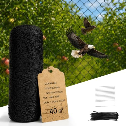 Red de protección para pájaros de 4 x 10 m en rollo, malla estrecha (1,5 x 1,5 cm), con 50 bridas y 10 terrazas de tierra, antienredos, resistente, para balcón, estanque, red de jardín para árboles