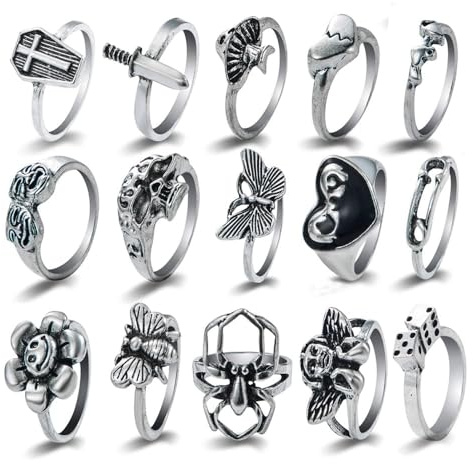 XFSRG 15 Stück Ringe Set Damen Stapelringe Knuckle Fingerring Daumenring Damen Offene Midi Ringe mit Herz Schmetterling Blume Blatt Welle Vintage für Frauen Mädchen