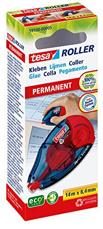 Tesa Roller ecoLogo Pegamento en Cinta Permanente, Rodillo Adhesivo Recargable con Cinta Doble Cara Resistente al Rompimiento, Sin Disolventes, 14 m x 8.4 mm