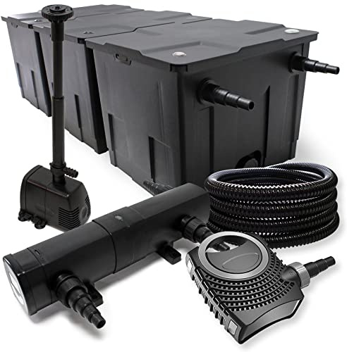 Wiltec Kit complet: CBF-350C Filtre de bassin jusqu'à 90000 L, NEO10000 pompe de filtration 10000l/h 80W, CUV-218 lampe uv 18W, 25m Tuyau 25 mm, HJ-943 fontaine 800l/h 16W
