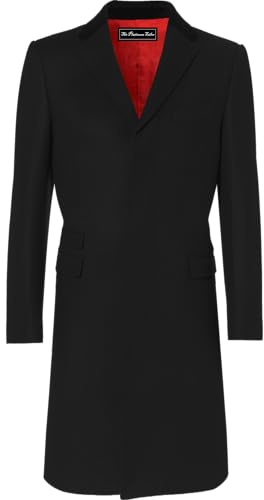 Mens Black & Covert Caban laine de cachemire Mod Cromby Manteau d'hiver chaud & col en velours Doublure en Satin Rouge, Noir, 54