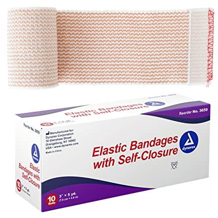 Dynarex Elastic Bandages with Self-Closure, Outstanding Compression and Stretch, Latex-Free Elastic Bandages with Velcro Closure, 3 x 5 yds., 1 Box of 10 Elastic Wrap Bandages