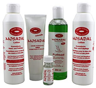 MOSADAL HAPPY FEET Kosmetische Hand- und Fußpflegeset 5 in 1 Professionelle Hornhautentfernung! 1x Nagelpflegeöl 10 ml, 2x Lotion 250ml, 1x Hydratante Urea Creme 100ml und 1x Fußbad 250ml