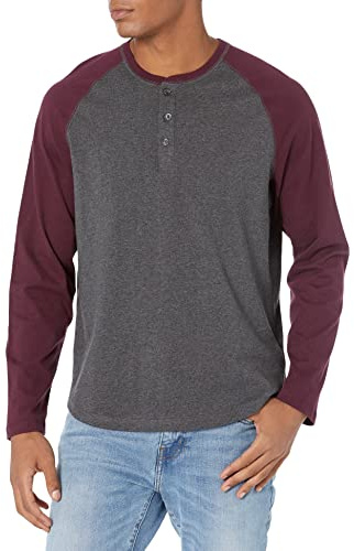 Amazon Essentials Men's Long-Sleeve Henley Shirt, Grey (Charcoal Heather/Burgundy), L