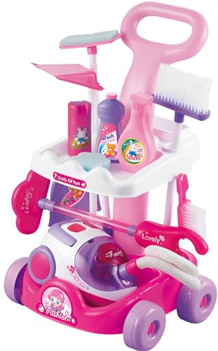 Childrens Pink Cleaning Trolley Cart Role Play Toy Set & Working Vacuum Cleaner Pretend Play – Includes Mop Broom Brush Dustpan Bottles & Real Battery-Powered Vacuum