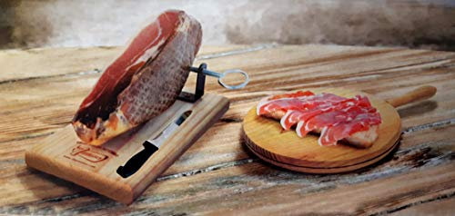 hermanos Set à découper jambon : Planche en bois avec support de fixation +1 Couteau à fileter - vendu sans jambon