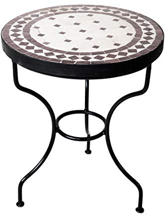 Tavolino da giardino in stile marocchino, rotondo, a mosaico rotondo, realizzato a mano dal Marocco come tavolo da fiori per balcone o giardino, colore beige, marrone, 40 cm