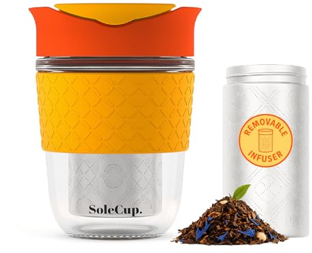 SoleCup. Travel Mug Loose Tea Infuser - Detachable Tea Strainer with Spill Proof Lid - BPA-Free Reusable Glass Travel Coffee Cup with Silicone Band (Red, 340ml / 12oz)