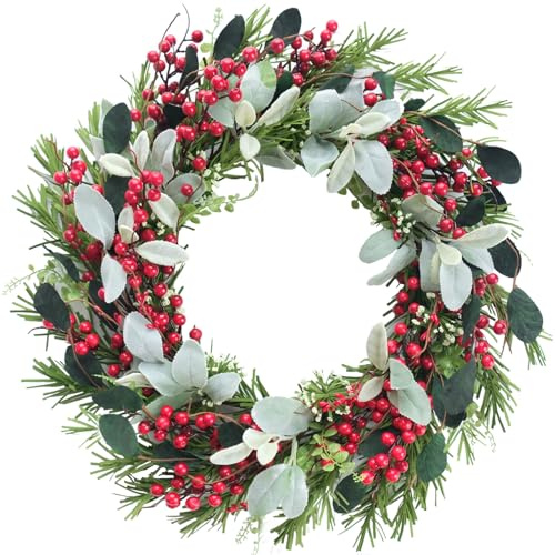 Bibelot 20 inches Christmas Wreath Red Berry Wreath Artificial Cypress Pine Needles Leaves Wreath for Front Door for Home Farmhouse Holiday Party Festival Wall Decor (B)