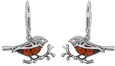 Kiara Jewellery 925 Sterling silver Robin örhängen inlägg med brun baltisk bärnsten.