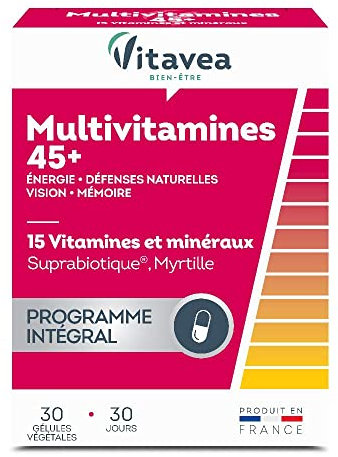 Vitavea-Complément Alimentaire Energie,Défenses Naturelles,Vision,Mémoire Multivitamines et Minéraux(Zinc,Fer,Vitamine C,Vitamine D) Probiotique et myrtille-30 gélules-Cure de1mois-Fabriqué en France