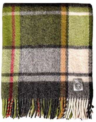 JOWOLLINA WOOLONLY 100% Lammwolle Wolldecke Plaid Karo Schottenmuster Tartan (Grün/grau, 175x210 cm)