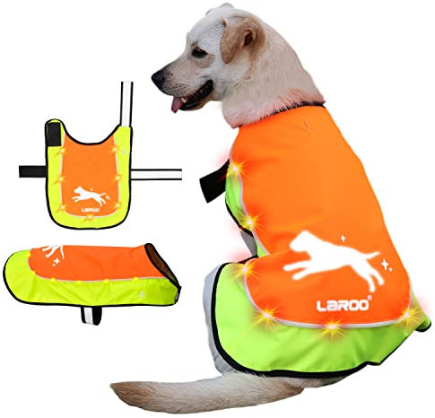 LaRoo Hunderegenmantel, Leuchtendes LED Wasserdicht Winter Reflektierende Regenmantel für Hunde mit Bauchschutz,USB Wiederaufladbarem Sicherheitsweste für Kleine Grosse Hunde(M,Fluoreszierende Orange)