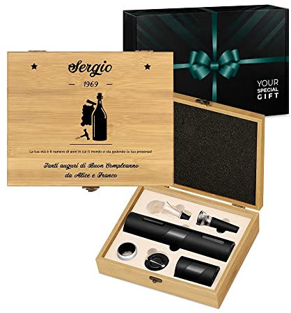 Maverton Cavatappi Elettrico per Vino + Apribottiglie Birra - Set da 6 Pezzi - Personalizzazione con Stampa - Scatola in Legno di Bambù - dimensioni 27x22x7 cm - per Lui - Età