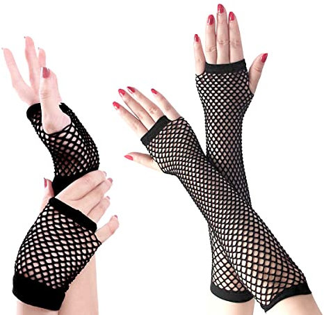 2 Paar Retro-Fischnetz-Handschuhe, lange und kurze Netz-Handschuhe, fingerlose Handschuhe, Schwarz , One size