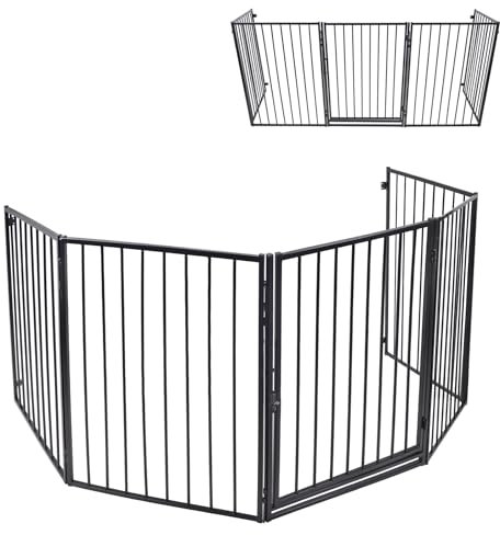 Froadp Barrière de protection de cheminée, en métal, avec porte, 305 x 76 cm, pour bébé, animaux et animaux, avec 5 éléments, grille de protection pour enfants, noire