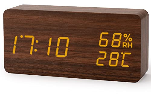 Virklyee Wecker aus Holz digital, 12/24HR, 3 Stufen einstellbar Helligkeit, 3 Alarmsätze können eingestellt Werden, Anzeige von Temperatur/Luftfeuchtigkeit/Datum, Mit USB-Ladeanschluss(Dunkelbraunes)