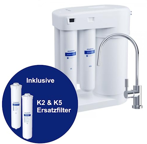 AQUAPHOR RO-101S Umkehrosmoseanlage inkl. K2 und K5 Ersatzfilter mit 1 Wege Wasserhahn weiß Trinkwasserfilter Reverse Osmosis System 50 GPD Membran für 190 Liter am Tag