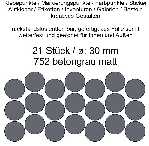 Aufkleber Etiketten Klebepunkte aus Folie 21 Stück grau betongrau matt rund 30 mm selbstklebend farbig wetterfest Decal Markierungen Organisieren DIY basteln verzieren Modellbau Scrapbooking