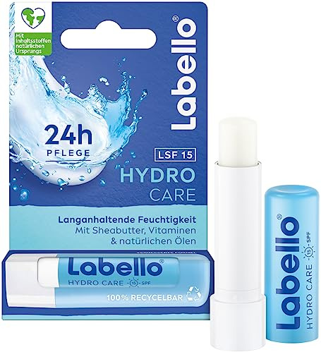 Labello Hydro Care - Bálsamo labial sin aceite mineral con SPF 15 para 24 horas de hidratación, bálsamo labial con manteca de karité, vitaminas y aceites naturales (4,8 g)