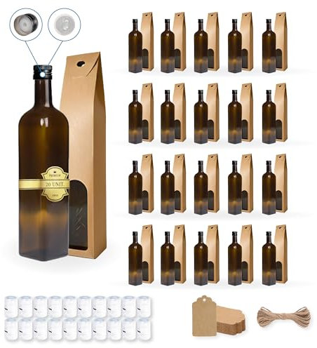 20 Botellas de Cristal Oscuro 500ml con Tapón de Rosca Negro con Boquilla Vertedora + 20 Cajas + 20 Sellos + 20 Etiquetas Kraft + Cuerda - Aceite de Oliva, Vinagre - Aceitera de Cristal