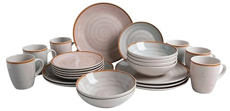 van Well Tunis Service de table pour 6 personnes - Service combiné de 24 pièces en faïence gris clair, gris foncé et rose - Service de table de forme ronde - Spirale peinte à la main avec bord