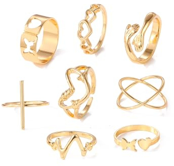 GIGB PBDK Gold Knuckle Rings Set for Women Boho Cross Eye Leaf Hug Stackable Rings Vintage Pearl Sun Moon Star Joint Finger Rings Aesthetic Statement Rings Dainty Jewelry Gifts (8Pcs)
