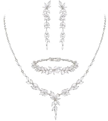 EVER FAITH Conjunto de joyas de circonita cúbica para dama de honor, elegante marquesa con hojas de flores, collar de boda, pendientes y pulsera para mujer, Circonita cúbica,