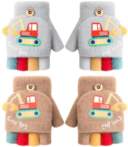 HYMBCFW Guantes de Invierno para Niños, 2 Pares Guantes térmicos de Invierno con Estampado de Excavadora Guantes Sin Dedos Manoplas Sin Dedos Guantes de Punto Convertibles para Niños de 3 a 5 años