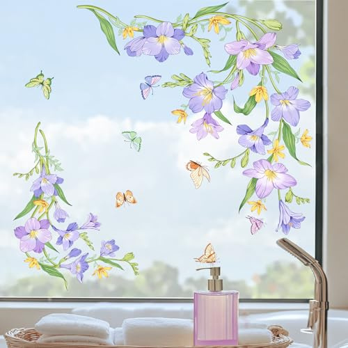 Tanlaby Fensterbilder Blumen Fensteraufkleber Sommer Frühling Lila Blume Pflanze Schmetterling Fensterbild Anti-Kollision Fenstersticker Glastüren Fensterdeko Aufkleber Wohnzimmer Küche Büro