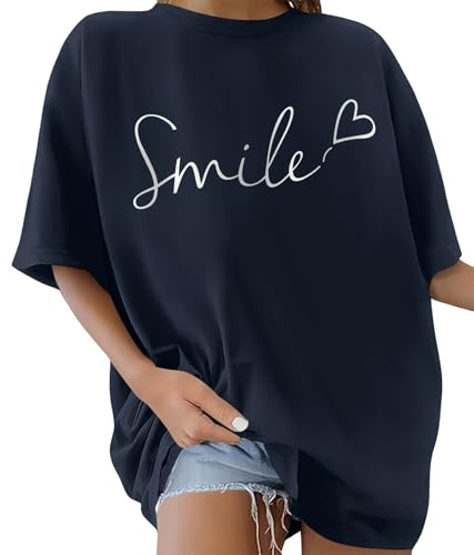 heekpek Tee Shirt Femme Oversize T Shirt Chemise à Manches Courtes Coton à Col Rond T-Shirt Grande Taille Haut Ete, Bleu Marine, XL