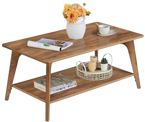 VASAGLE MAEZO Collection - Coffee Table, 2-Tier Center Table with Storage, Tapered Legs, Curved Transitions, 21.7 x 39.4 x 17.7 Inches, Easy to Assemble, for Living Room, Honey Brown ULCT249K01