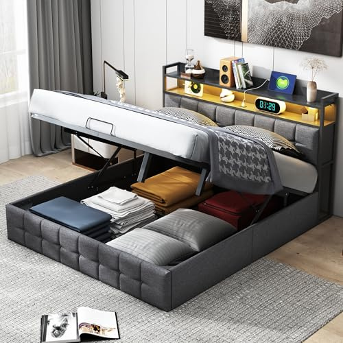 LKPOMI Doppelbett 140x200 cm, Polsterbett mit Stauraum und Lattenrost, LED Stauraum Kopfteil mit USB Ladefunktion, Hydraulisch Stauraumbett Funktionsbetten, Leinen, Ohne Matratze, Grau