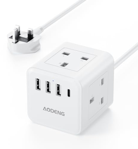 3M Extension Lead with 4 USB Slots, 4 Way (13A/3250W) Multi Plug Extension Cable, UK Desktop Power Extension Cord with Multi Socket, Extension Cable